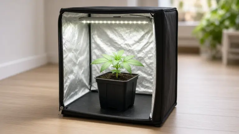 Rooted cannabis clone isolated in a small separate grow tent under an LED light, showing how to quarantine clones away from the main grow
