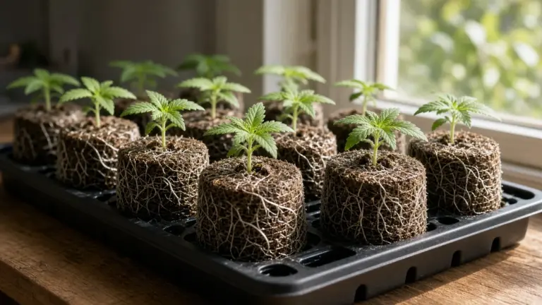 Generic tray of rooted clones in peat pellets by a sunny window for this Kush Mints strain guide